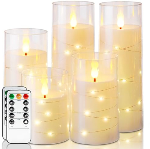 Homemory Flameless Candles with Embedded Star String Fairy Lights, Battery Operated Candles, LED Candle, Fake Candles with Remote Control and Timer, Ivory, Set of 5(H4 5 6 8 8)