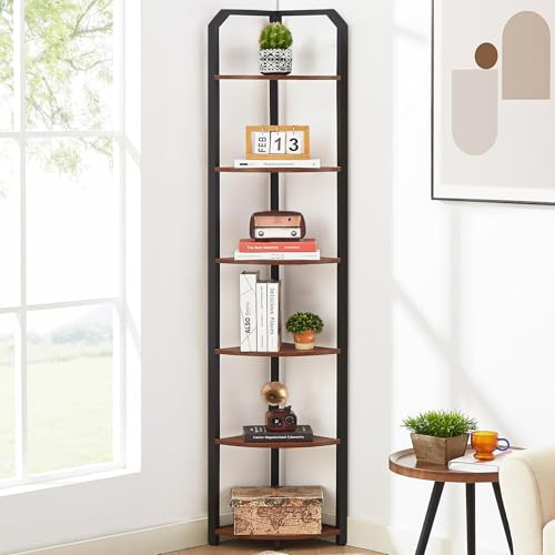 MNEETRUNG 71 Corner Shelf,6 Tier Industrial Corner Bookshelf, Freestanding Shelf Stand for Small Space,Home Office,Living Room,Bedroom,Brown