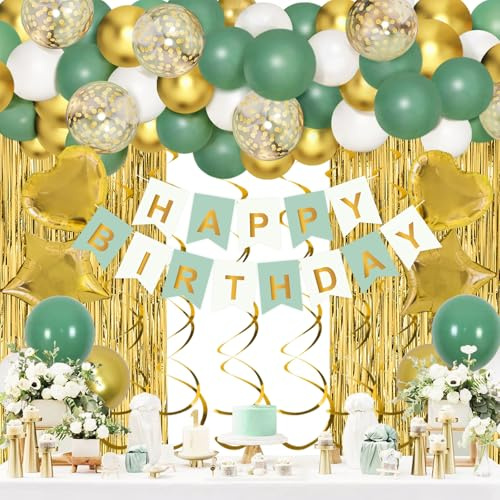 Decoration Anniversaire Vert, 55 Vert Sauge, Blanc Et Or Ballon, Banderole Joyeux happy birthday, Rideau Frange, Kit Ballon birthday Verts Pour baby shower,Deco Anniversaire Fille Garçon