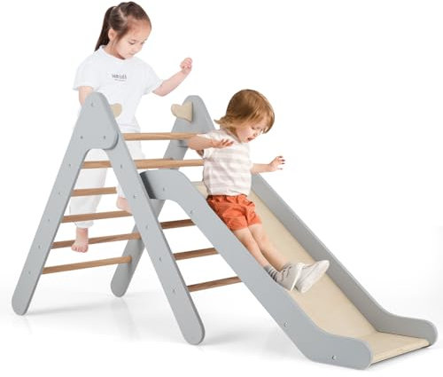 COSTWAY Kletterdreieck mit Rutsche, Klettergerüst aus Holz, Sprossendreieck zum Rutschen und Klettern, für Kinder ab 1 Jahre (Grau)