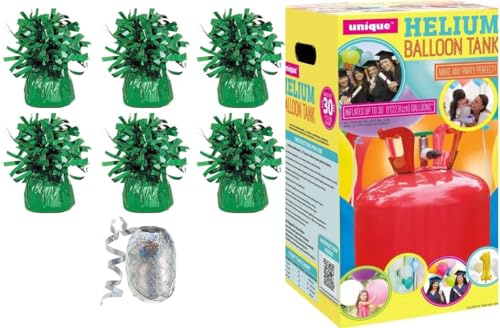 Small helium balloon canister with 6 Green balloon weights and 10m Ribbon - Canister fills upto 30 x 9 inch latex balloons