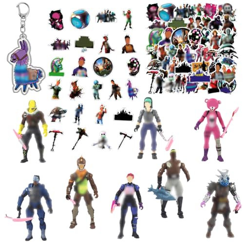 8pcs Battle Game Cake Topper Figuren Set,Charakter-Aufkleber & Acryl-Schlüsselanhänger, Figuren mit Erntewerkzeugen,animierter Schlüsselanhänger,50pcs Vinyl Stickers Party Dekoration für Kinder