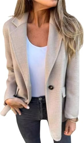 Suncadmious Eleganter einreihiger einfarbiger Blazer für Damen mit Reversknöpfen fürs Businessbüro Revers Kurze Jacke modische Straßen-Shooting-Kurzjacke aus Tweed (Mandel,L)