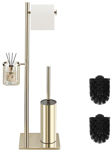 DAZI Ensemble Brosse Toilettes WC avec Support Papier Toilette sur Pied et Panier de Rangement, Brosse WC en Acier Inoxydable 3 en 1, Design Minimaliste et Gain de Place (Or)