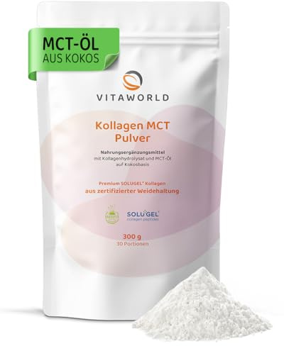 Kollagen MCT Pulver - Collagen MCT Pulver mit Kollagen aus Weidehaltung (30 Port.) 300g grassfed -geschmacksneutral, gut löslich, ohne Zusatzstoffe - Mittelkettige Triglyceride aus Kokos - vitaworld