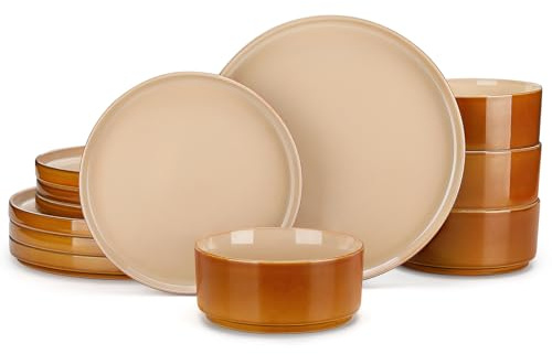 vancasso Onion Ceramic Plates and Bowls Sets, 12 Pieces Brown Dinnerware Sets for Kitchen, Reactive Glaze Dishes Set for 4, Dishwasher and Microwave Safe