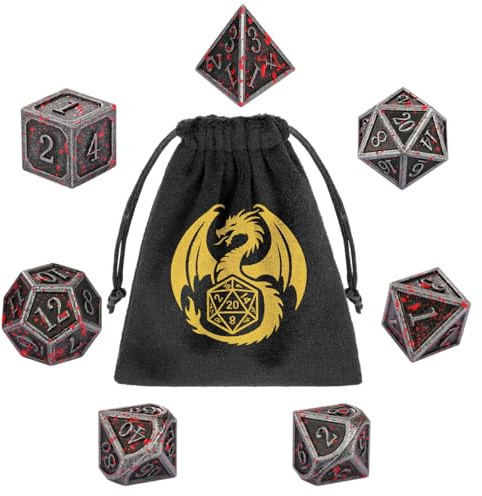 Metal Dice Set, 7pcs Polyhedral Metal DND Dice Set, DND Starter Set, D&D Gifts with Gift bag, Role Playing Board Games Accessories, Bloodstained Silver