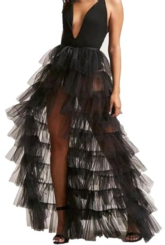 OhMill Jupe longue à volants noire en tulle pour femme Jupes maxi en tulle Jupes longues tutu pour femme Robe à traîne amovible, Noir , Taille unique
