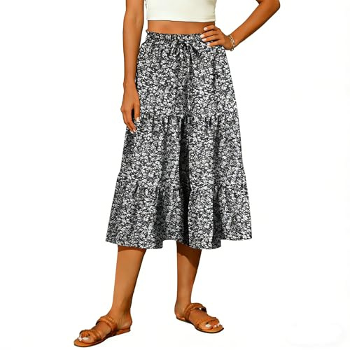 ROFUSSO Gonna Midi Elegante a Fiori da Donna Gonne Estive a Vita Alta con Linea ad A Gonna da Spiaggia Gonne Casual in Tinta Unita(A-Nero,XL)