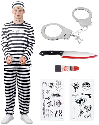 Kitimi Disfraz de prisionero para hombre, traje de convicto blanco y negro con camisa, pantalones, sombrero, uniforme de prisión a rayas, con esposas, disfraz de criminal para adultos, disfraz de