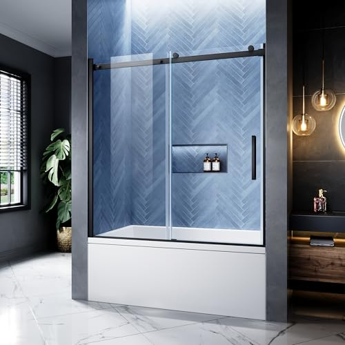 Bathtub Shower Door, 56-60 W x 60 H Frameless Single Sliding Tub Shower Door, 5/16 (8mm) SGCC Clear Tempered Glass with Dual Easy-Clean, Stainless Steel Hardware (Matte Black, 60 W x 60 H)