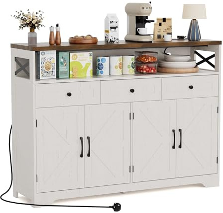 BonVache Sideboards Cabinet with Power Outlets,Wooden Storage Sideboard with Adjustable Shelf,3 Drawers and Open Shelf,Buffet Cupboard for Living Room,Kitchen,Hallway, Dining Room,Woodgrain White