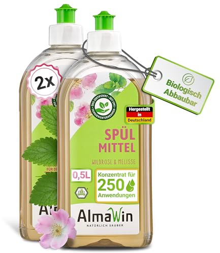 AlmaWin® Spülmittel Öko [2x 500ml] mit Wildrose & Melisse-Duft - Kraftvolles Geschirrspülmittel flüssig mit hoher Fettlösekraft - Vegan Dish Soap - Biologisch abbaubares & ergiebiges Konzentrat