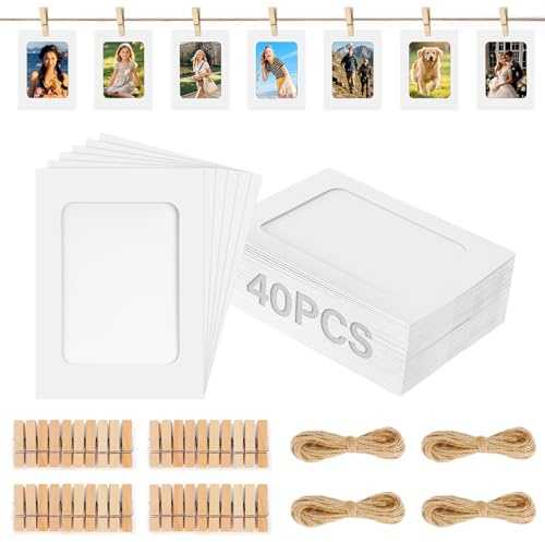 Staranry 40 Pezzi Cornice Foto con 40 Mini Clip In Legno e 4 Corde Di Canapa, 15,5 x 11,5 cm Cornici Foto Multiple Da Parete, Portafoto Da Parete Multiplo per Foto Diy, Matrimoni e Compleanni (Bianco)