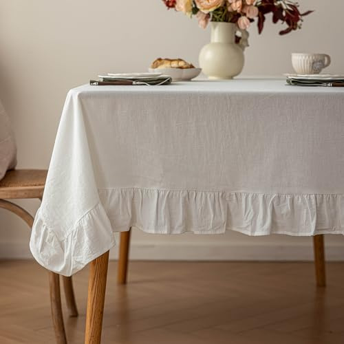 Cotton Tablecloth 60 × 120 Ruffle Trim Table Clothes Washable Rectangle Fabric Table Cloth Kitchen Dinning Tabletop Decoration for Party Wedding Events Holiday - White, 10-12 Seats