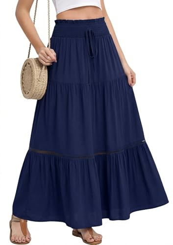 Fashora Women's Skirts Summer Maxi Skirt Elastic High Waist Elegant A-Line Skirts Ladies Flowy Swing Midi Length Pleated Skirts for Boho Holiday Beach Casual Skirt (Navy Blue, One Size)