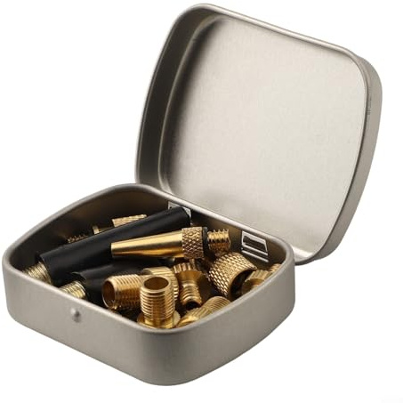 Kit di 17 adattatori per valvola della pompa della bicicletta, calcio, materassino gonfiabile e pallacanestro, struttura in metallo e plastica, scatola compatta in ferro