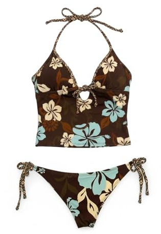 Tankini med bandeau remmar för slankande strandmode på soliga dagar perfekt semesterdräkt blommigt set, BRUN, S