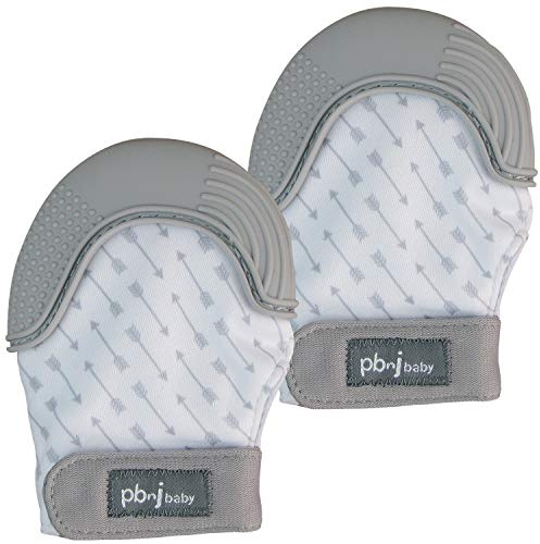 PBnJ Baby, Silicone Teether Glove, Baby Toys 0-6 Months, Mittens for Infants use as Teething Pacifier, Teething Toys 3-6 Months, Teethers for Babies 6-12 Mon, 6 Mo Old Must Haves - Gray Arrows