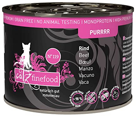 catz finefood Purrrr Comida para Gatos monoproteína húmeda N° 119, para Gatos sensibles a la nutrición, 70% de Carne, 6 latas de 200 g