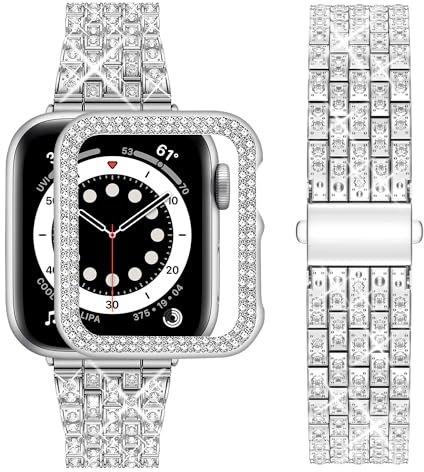 wutwuk Compatible Bracelet Apple Watch 40mm, Bling Métal Femme Brillant Bracelet de Montre avec Coque, Remplacement de Bracelet avec Strass Diamant pour Apple Watch SE3/2/1 Séries 6 5 4-Argent 40mm