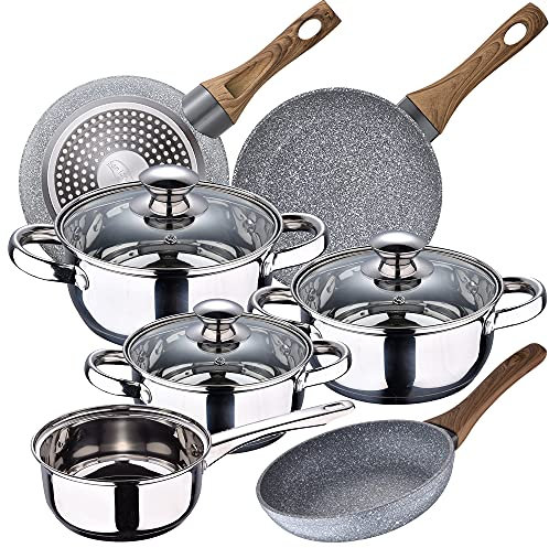 Bateria de cocina 7 piezas SAN IGNACIO Faro, acero inoxidable, con juego sartenes (22/24/26 cm) SAN IGNACIO Daimiel en aluminio forjado