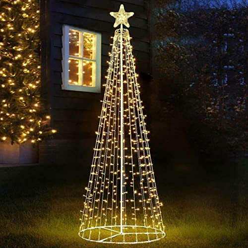 Albero di Natale Luminoso Altezza 220cm con 592 Luci 8 Giochi di Luce Struttura in Metallo Base 80cm Puntale a Stella Decorazioni Natalizie Interno Esterno IP44 (Bianco Caldo)