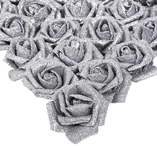 IPOPU AONELAS - 25 rose artificiali in schiuma glitterata, con stelo, per fai da te, bouquet da sposa, casa, feste, decorazioni natalizie (argento)