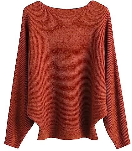 FULIER Pull Femme Col Bateau Pull Tricoté Bat Manches Longues Casual Loose Sweater Taille Unique (Caramel)