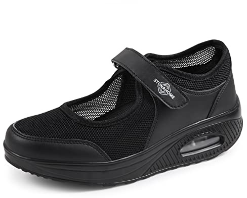 STUNAHOME Women Mary Jane Sneakers Breathable Mesh Air Cushion Comfortable Lightweight Casual Walking Shoes Black