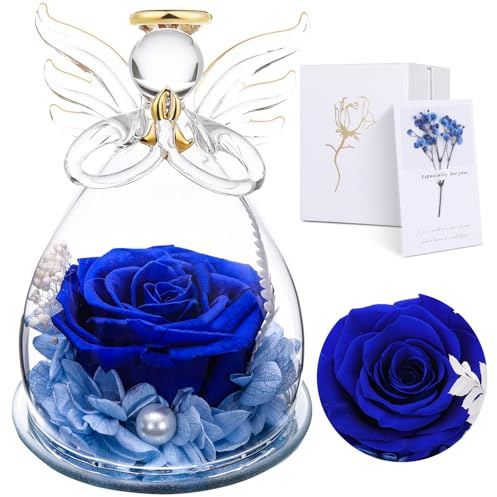 Touloube Regali per la Festa Della Mamma per le Donne, Nonna, Rosa Eterna con Angelo di Vetro,Rosa Stabilizzata Vera Regalo Mamma, Statuette Angeli in Vetro con Fiori Eterni, Angeli Custodi per Lei
