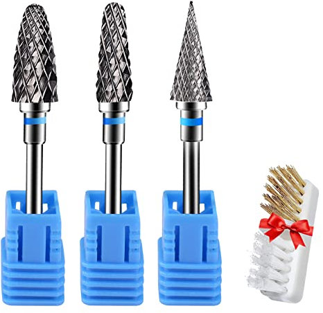 CGBE 3 Piezas Fresas Torno para Uñas, 3/32 Pulgadas Broca Manicura Profesional de Acero al Tungsteno, Brocas para Uñas Grano Medio para Quitar Gel, Acrílico, Cutícula