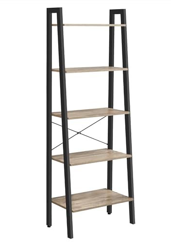 VASAGLE Regal, Bücherregal mit 5 Ebenen, Leiterregal, Standregal, für Wohnzimmer, Schlafzimmer, Küche, Homeoffice, Industrie-Design, Stahlrahmen, Kamelbraun-schwarz LLS045B50