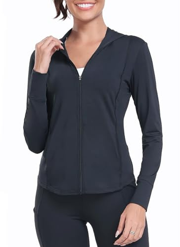 AGVNG Womens UPF 50+ Hooded Sun Jackets Lightweight Quick Dry Sun Protection Clothing Long Sleeve Cooling Shirts Hiking Running Athletic Tops Black XL