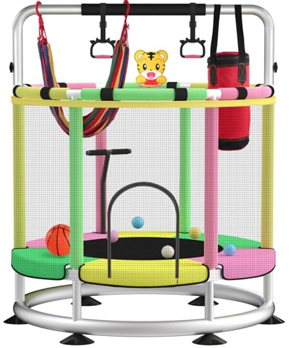 Trampoline for Kids, Adjustable Baby Toddler Trampoline with Basketball Hoop, Round Bottom Indoor Outdoor Toddler with Enclosure (Light Green Pink)