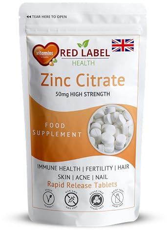 Red Label Health Zinc Citrate High Strength 50mg 400 Vegan Tablets 1+ Year Supply High Absorption zinc Supplements for Men & Women Immune System, Fertility, Bones, Vision, Skin, and Nail