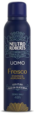 Neutro Roberts, Deodorante Spray Uomo Essenza Agrumata, Con antiodore, Zero Sali di Alluminio, Zero Macchie, Con Puro Olio di Glicerina, Deodorante Uomo, Dermatologicamente testato, 150 ml, 48h