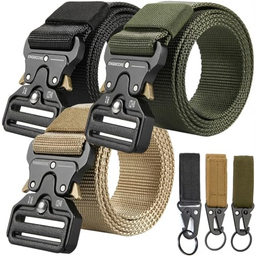 KingMoore 3 Pack Tactical Belt for EDC Battle Military Utility Combat Gear, Heavy-Duty Quick-Release Metal Buckle with Extra Molle Key Ring Holder (3 Pack(Black+Khaki+Army green), Waist:30-35)