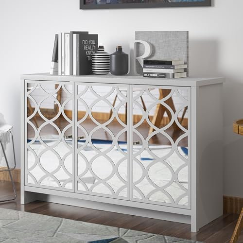 Galano Ilse Sideboard mit 3 Türen – Elegantes Buffetschrank im Lasercut-Design für das Wohnzimmer – 39,8 x 115,6 x 77,6 cm – Weiß