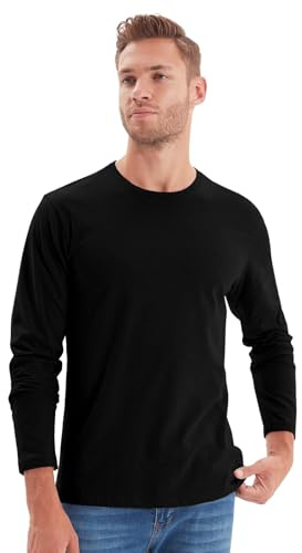 NetSetUK Mens Valueweight Long Sleeve T-Shirt Crew Neck 100% Cotton T Shirts Men Casual Pullover Long Sleeve Tee for Workwear or Sports Activities Black
