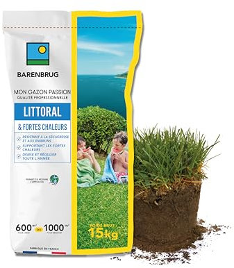 BARENBRUG - Gazon Littoral & Fortes chaleurs - Résistant Sécheresse et Embruns - Supportant Fortes Chaleurs - Dense et Régulier Toute l’Année - Permet de Réduire l'Arrosage - Fabriqué en France - 15KG