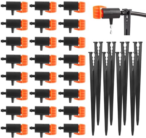 Kalolary Gotero de riego ajustable 30P con estacas de sujeción, sistema de riego por goteo adecuado para mangueras de 1/4 pulgadas, ideal para jardín, césped, plantas y suculentas