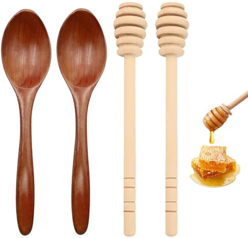 GVSS Lot de 4 Cuillère à Miel 14 cm, Agitateurs à Miel en Spirale 15 cm,Cuillere Miel Bois,Cuillere Miel,Cuillere a Miel,Cuillere en Bois pour Miel,Idéal pour Mariage,Anniversaire et Fêtes