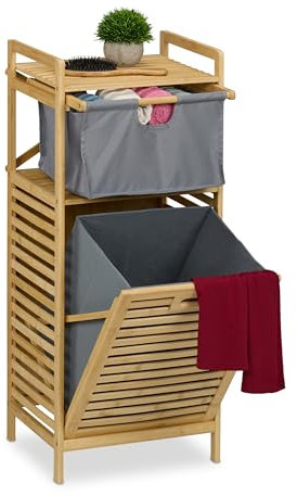Relaxdays Estantería Baño con Cesto Ropa Sucia, Basculante, 30 L, Balda y Cajón, Bambú, Tela, 95x40x33 cm, Natural/Gris