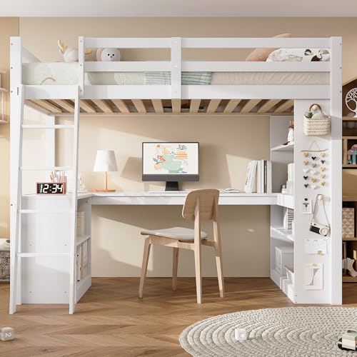 Cama alta, cuna, práctico estante de almacenamiento, barandilla de seguridad, paño de fieltro para colgar objetos, deslizadores estables, pino + aglomerado + madera contrachapada, blanco, 90 x 200 cm