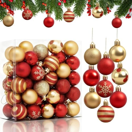 Julgranskulor röda guld, julgranskulor, 50 stycken julgranskulor i plast, juldekorationer med hängare, okrossbara, träddekorationer, jul för hemmaträdgården utomhus