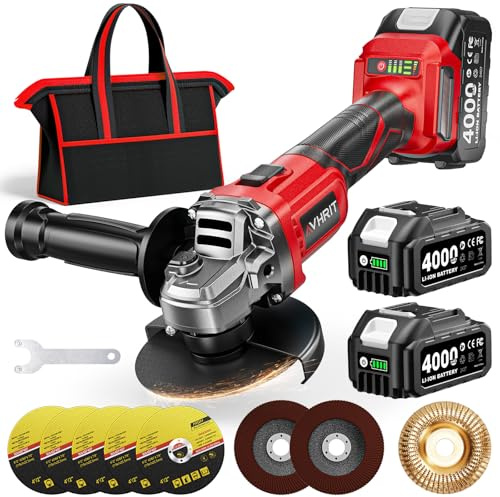 Avhrit Amoladora angular con batería, 10.000RPM Amoladora Angular inalámbrica Motor Sin Escobillas, 2X4000mAh, 3 Velocidades, Bloqueo de Spindle Rápido, Mango Anti-Vibración para Cortar, Desbastar