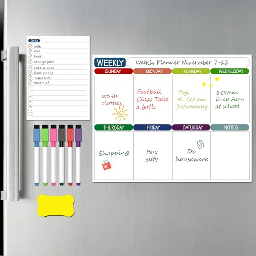 Jebeeynn Set med 2 magnetiska kylskåpskalender – 28 x 35 cm – Veckokalender och organisatör för hem, skola och kontor – Med 6 markörer och 1 stråle