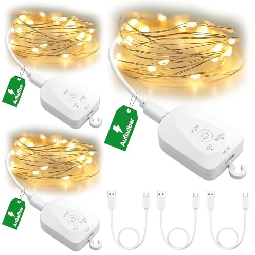 Mini guirlande lumineuse rechargeable avec minuterie, 3 m, 30 LED blanc chaud, avec câble USB rechargeable, étanche, 8 modes d'éclairage, pour l'intérieur et l'extérieur, Noël, mariage(3 pièces)