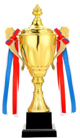 Juwacoo trofé, guld, metall, 30 cm höjd, kvadratisk bas, skulpturform, pokal för sportevenemang och tävlingar